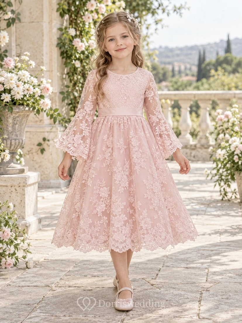 Tea-length Blush Bell Sleeve Scoop Floral Scalloped Bow Sashed Lace A-Line Flowergirl Dress