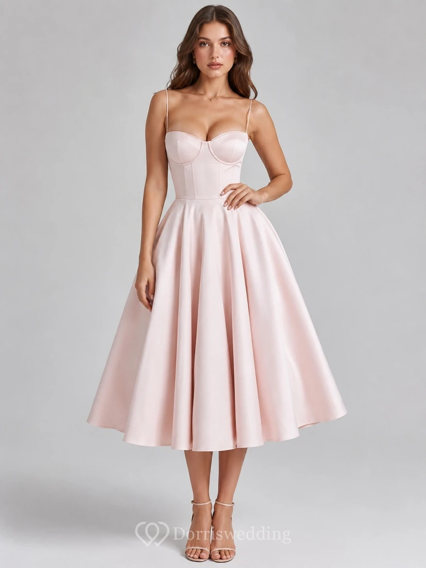 Robe de cocktail rose perle bustier en satin, coupe trapèze, longueur thé, décolleté cœur