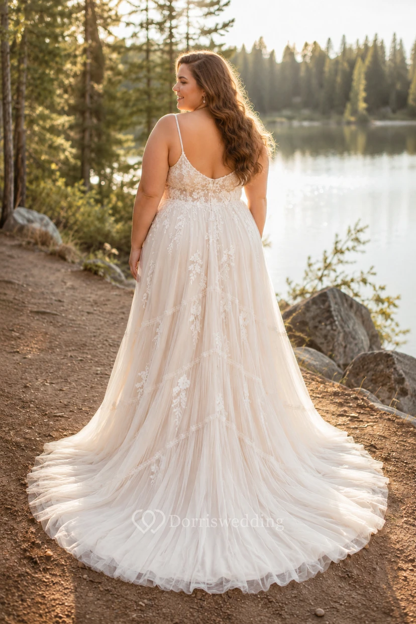 Plus Size Spaghetti Strap Lace A-Line Wedding Dress with Sweep Train view 2