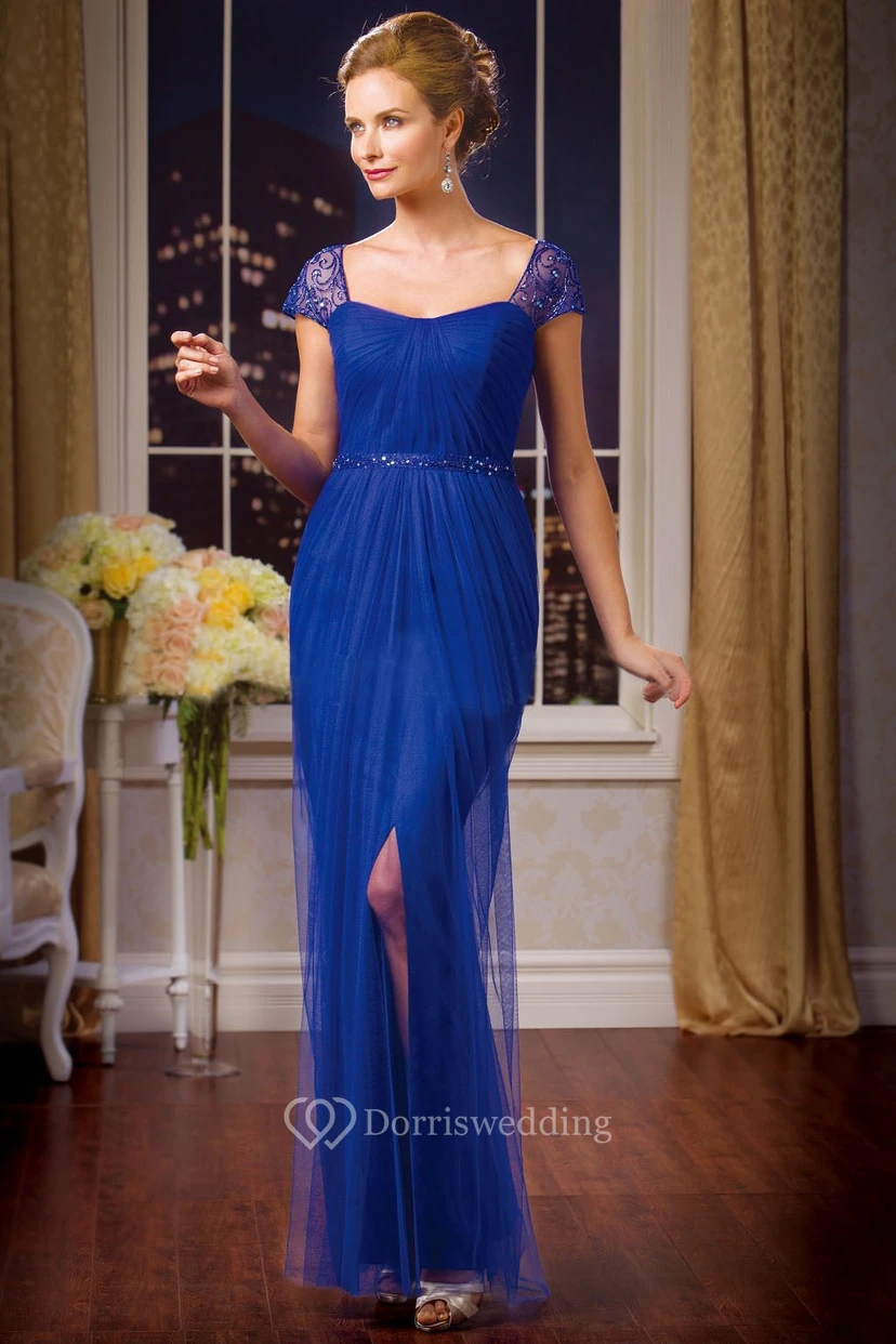 Cap-Sleeved Square-Neck Mother Of The Bride Dress With Front Slit And Sequins