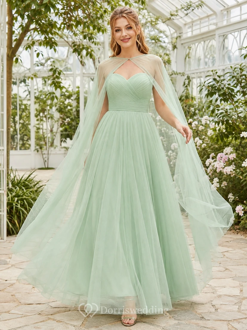 Mint Green Sweetheart Tiered Tulle Cape Sleeve A-Line Gown Dress