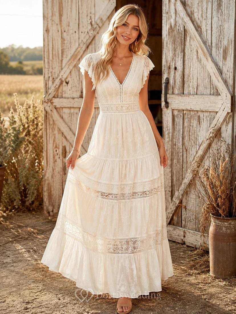 Robe de campagne romantique bohème en mousseline de soie ivoire et dentelle, col en V, manches courtes et volants, longueur cheville
