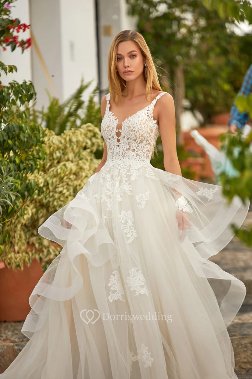 Flowy Sleeveless Lace Empire A-line Tulle Ruffled Wedding Dress