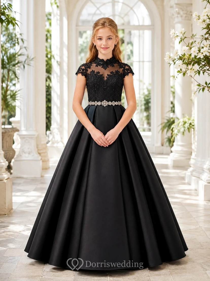 Black Lace Cap Sleeve Satin A-Line Crystal Flowergirl Dress