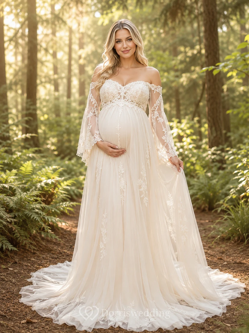 Vestido de novia premamá con hombros descubiertos, mangas acampanadas, encaje, corte en A, color bosque.