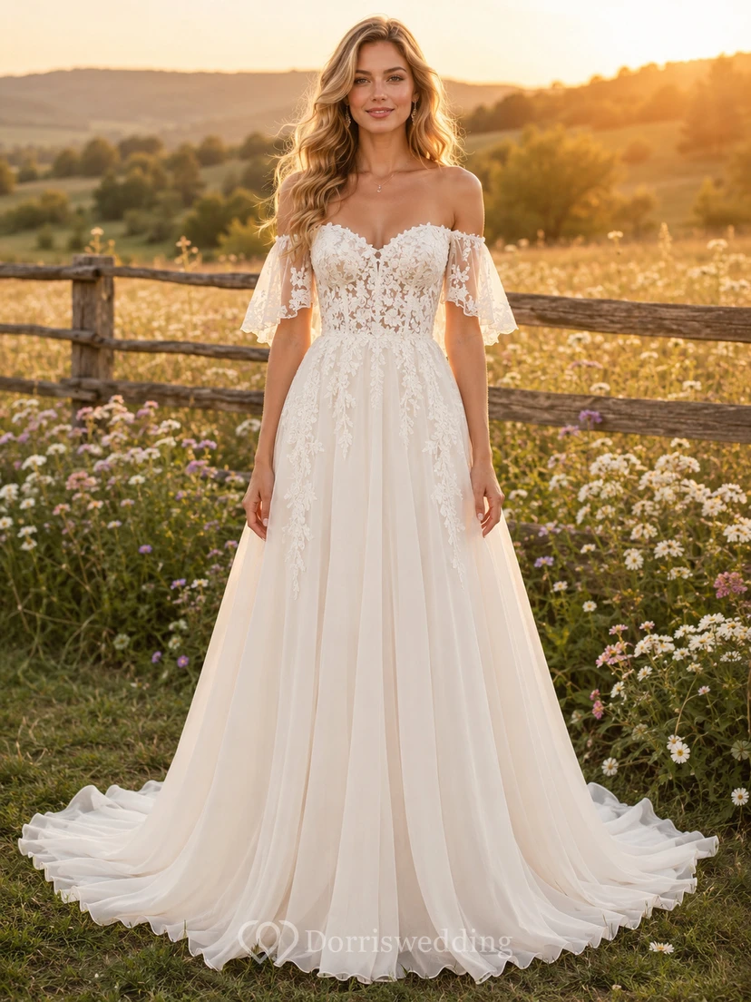 Vestido de novia de tul y encaje campestre, corte en A, hombros descubiertos, manga corta, cola de capilla, espalda baja en V.