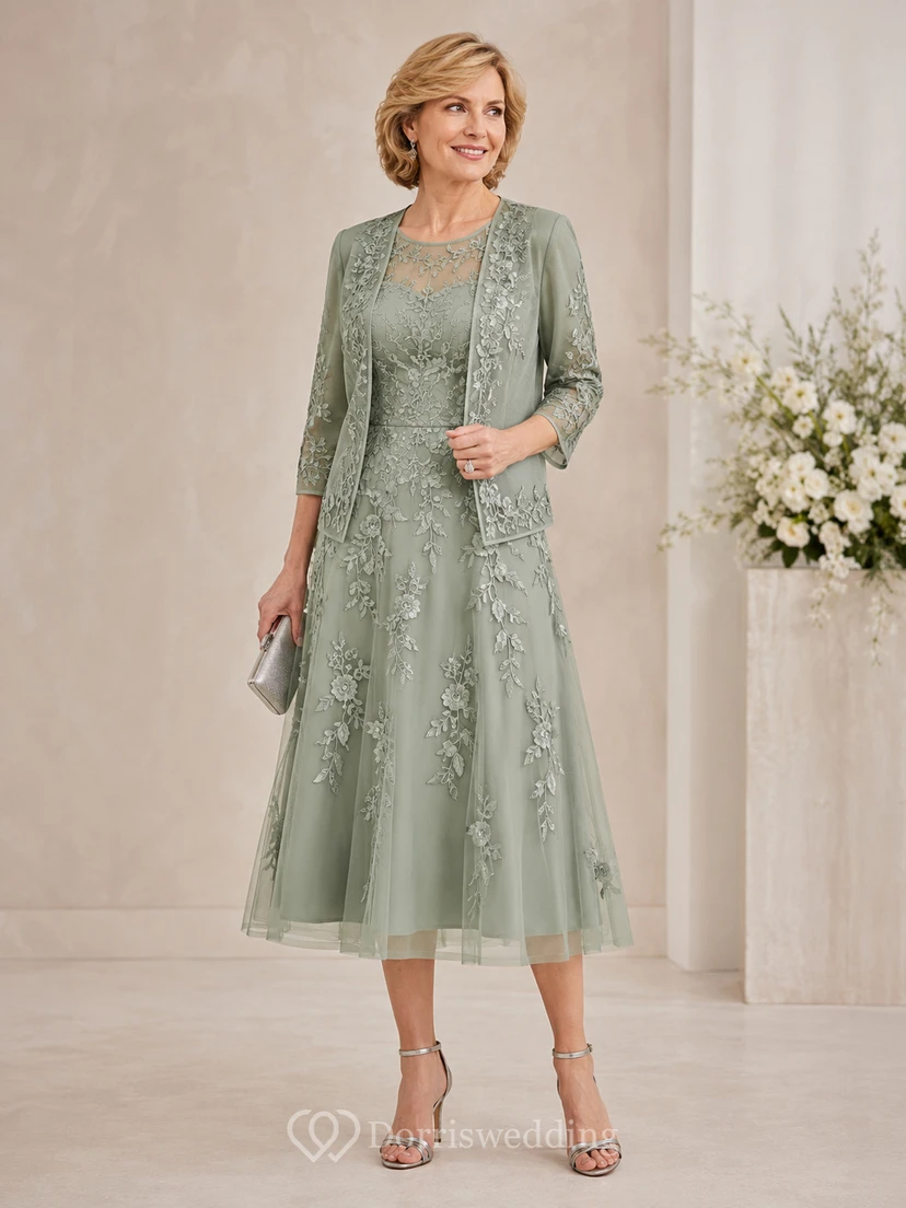 Sage Green Lace Applique Tea-Length Mother of the Bride Dress with Jacket