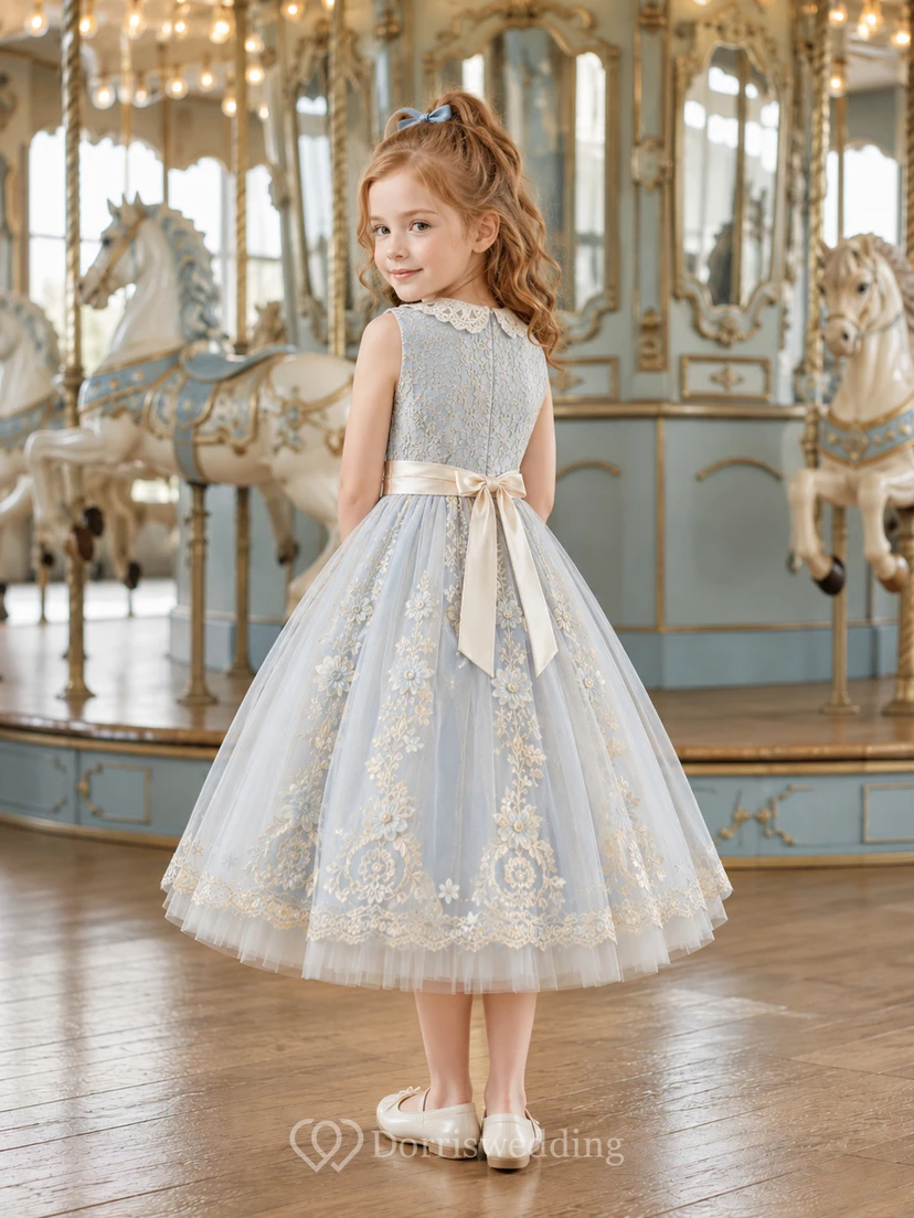 Mist Blue Flower Girl Dress with Lace Collar, Sleeveless Embroidered Bodice, Tea-Length A-Line Tulle Skirt and Ivory Satin Back Bow view 2