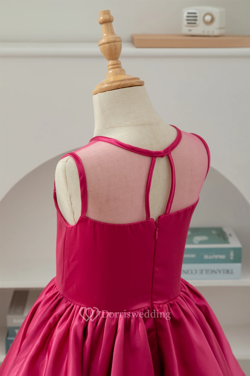 A-line Short Satin Layered Fuchsia Flowergirl Dress view 9