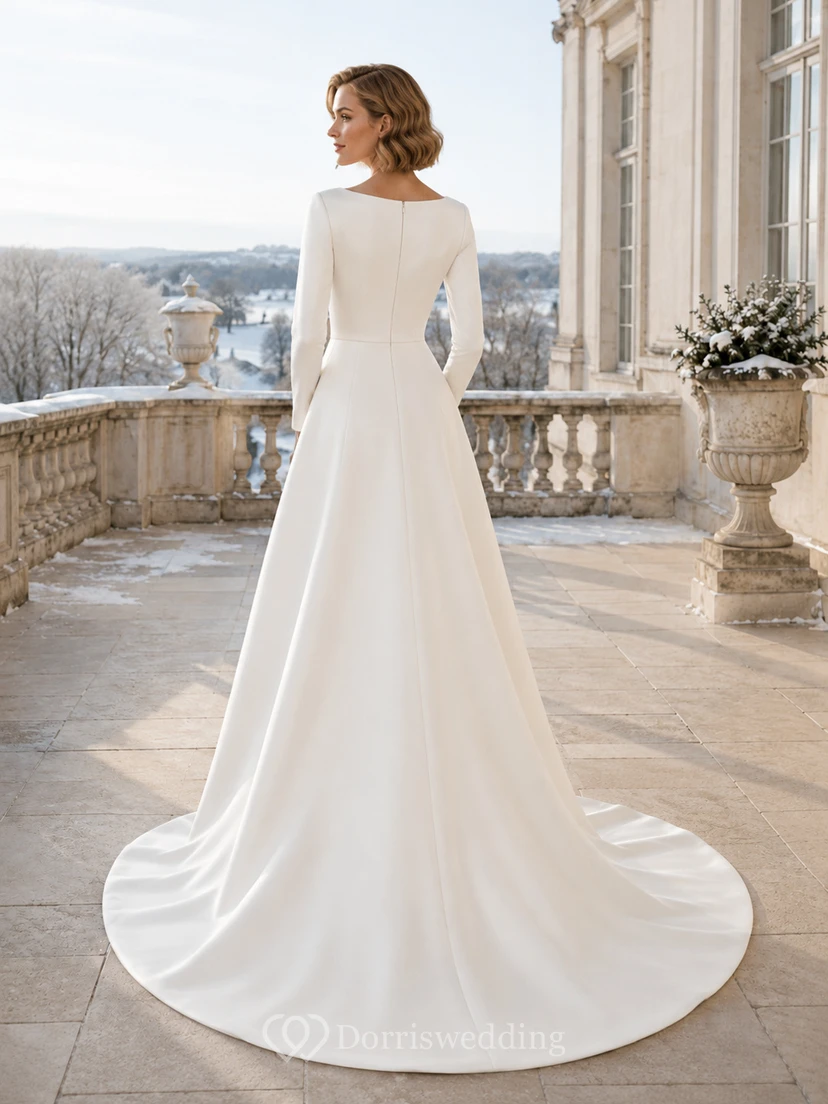 Minimalist Bateau Long Sleeve Satin A-Line Chapel Train Winter Wedding Gown view 2