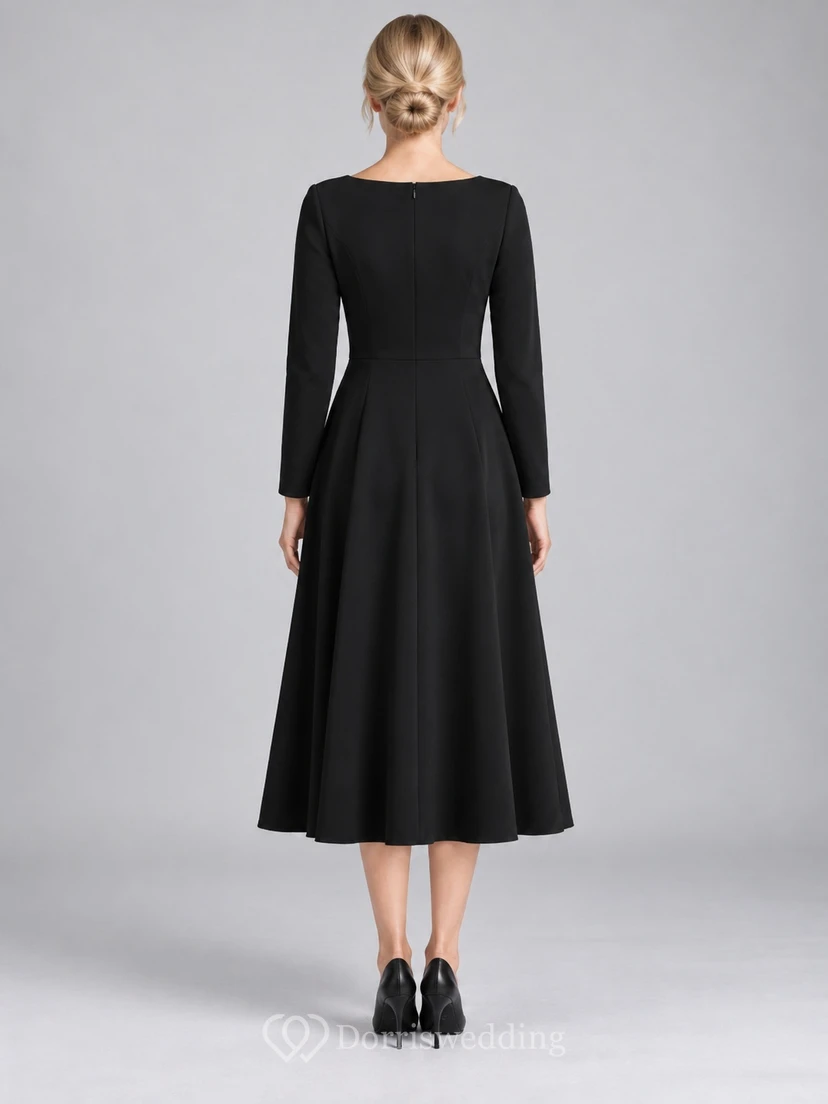 Robe de deuil noire simple et modeste à manches longues, coupe trapèze et longueur thé, style bateau, à encolure bateau view 2
