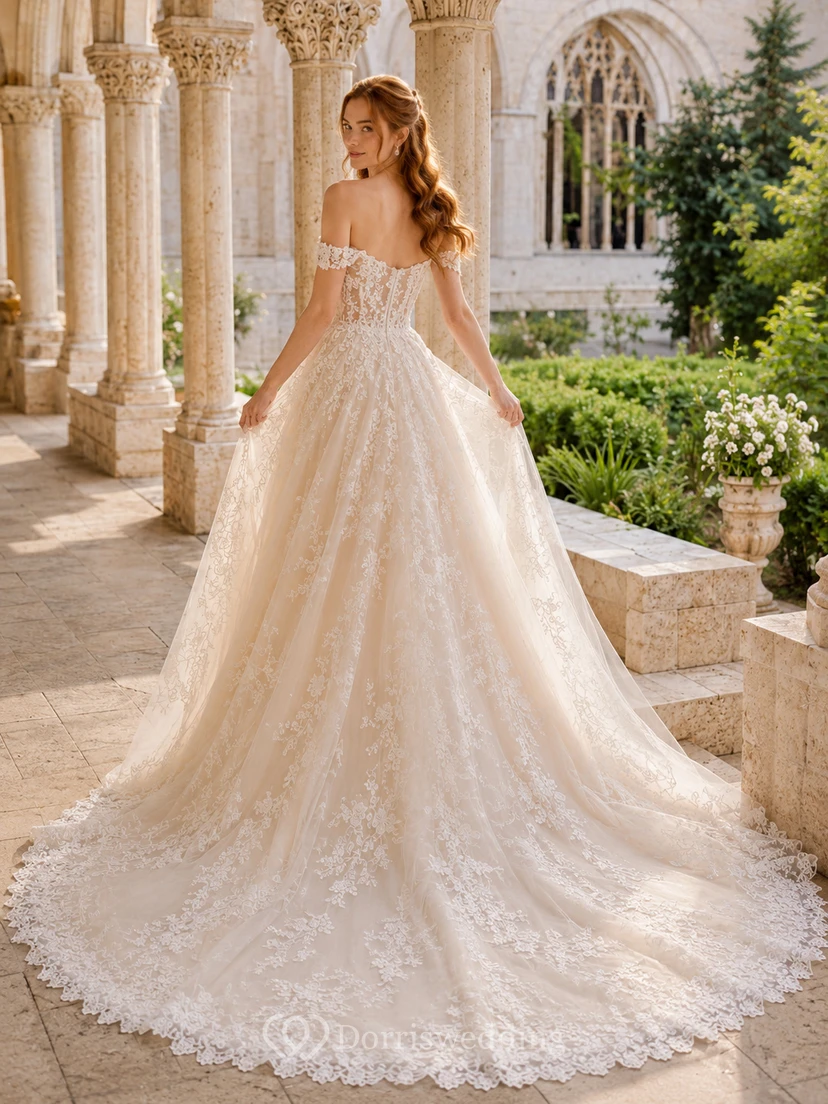 Off Shoulder Lace Ball Gown Chapel Bridal Dress view 2