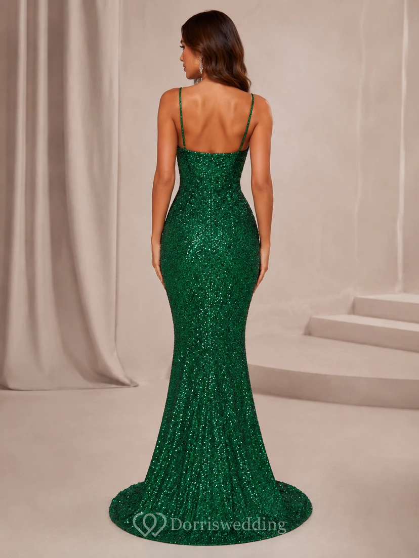 Fitted Dark Green Sequin Spaghetti Strap Mermaid Prom Dress view 2