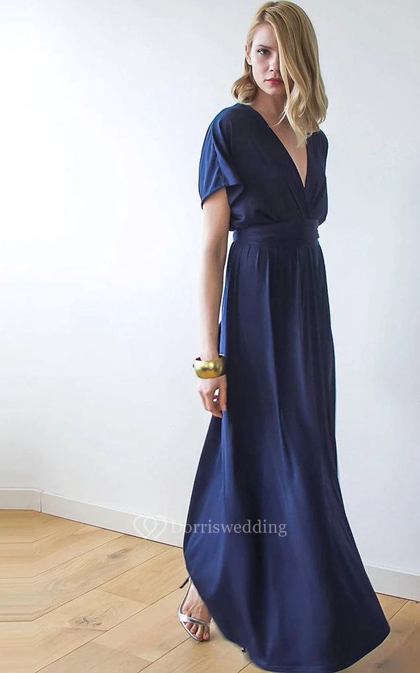 V Neck V Back Short Sleeve Pleated A-line Jersey Floor Length Dress view 5