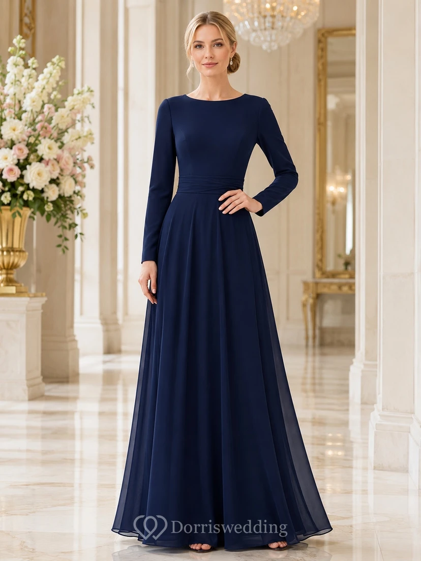 Dark Navy Modest Long Sleeve Jewel Neck A-Line Floor-length Formal Dress