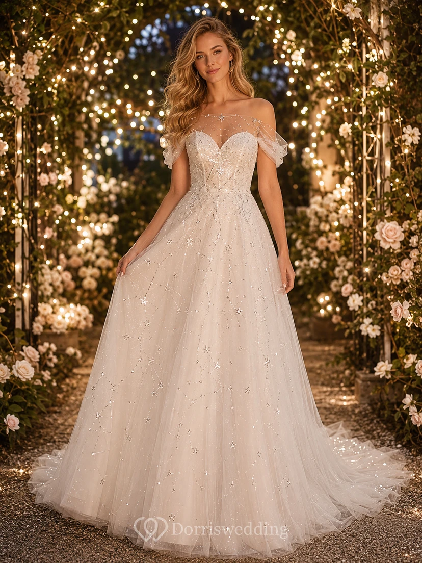 Strapless Celestial Glitter Tulle Night Garden Bridal Gown