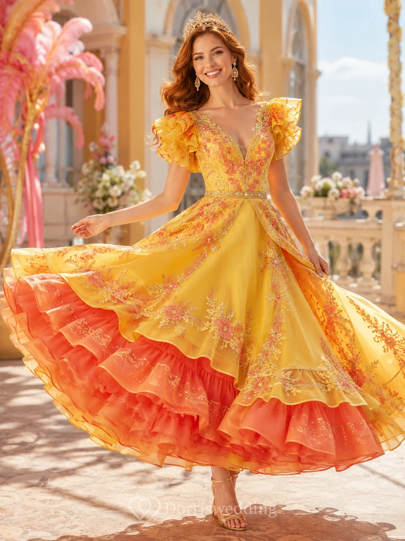 Leuchtend orangefarbenes Karnevals-Prinzessinnen-Teelängenkleid mit eckigem Ausschnitt und floralen Rüschen