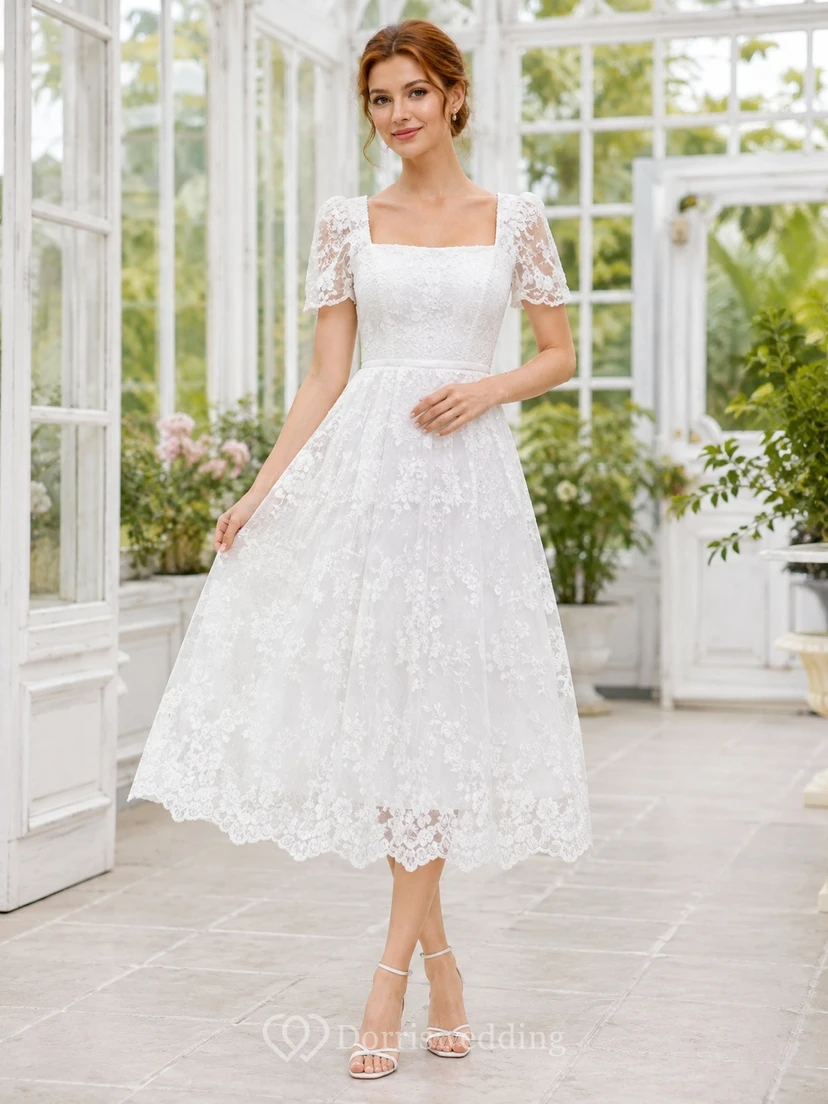 Vintage Square Neck Short Sleeve Lace A-Line Tea-Length Civil Wedding Dress