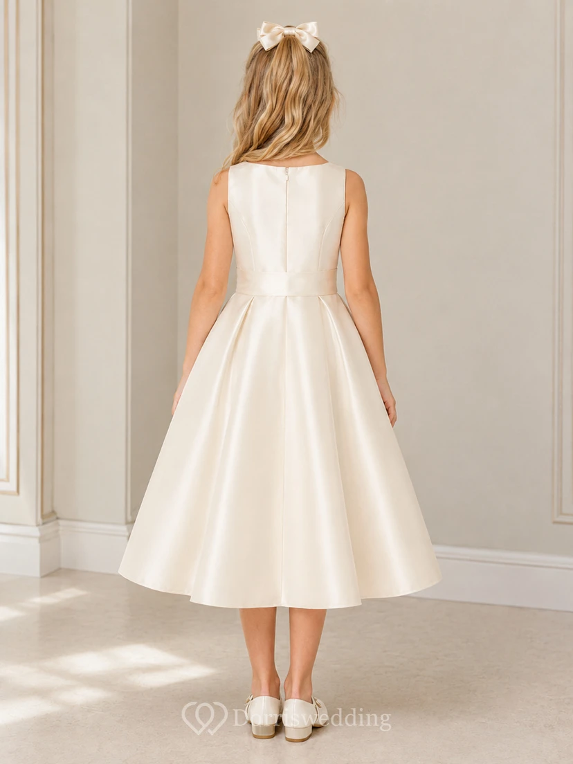 Robe de demoiselle d'honneur blanche en satin, coupe trapèze, sans manches, col rond et jupe mi-longue, ornée d'un nœud dans le dos et d'une jupe à volants. view 2
