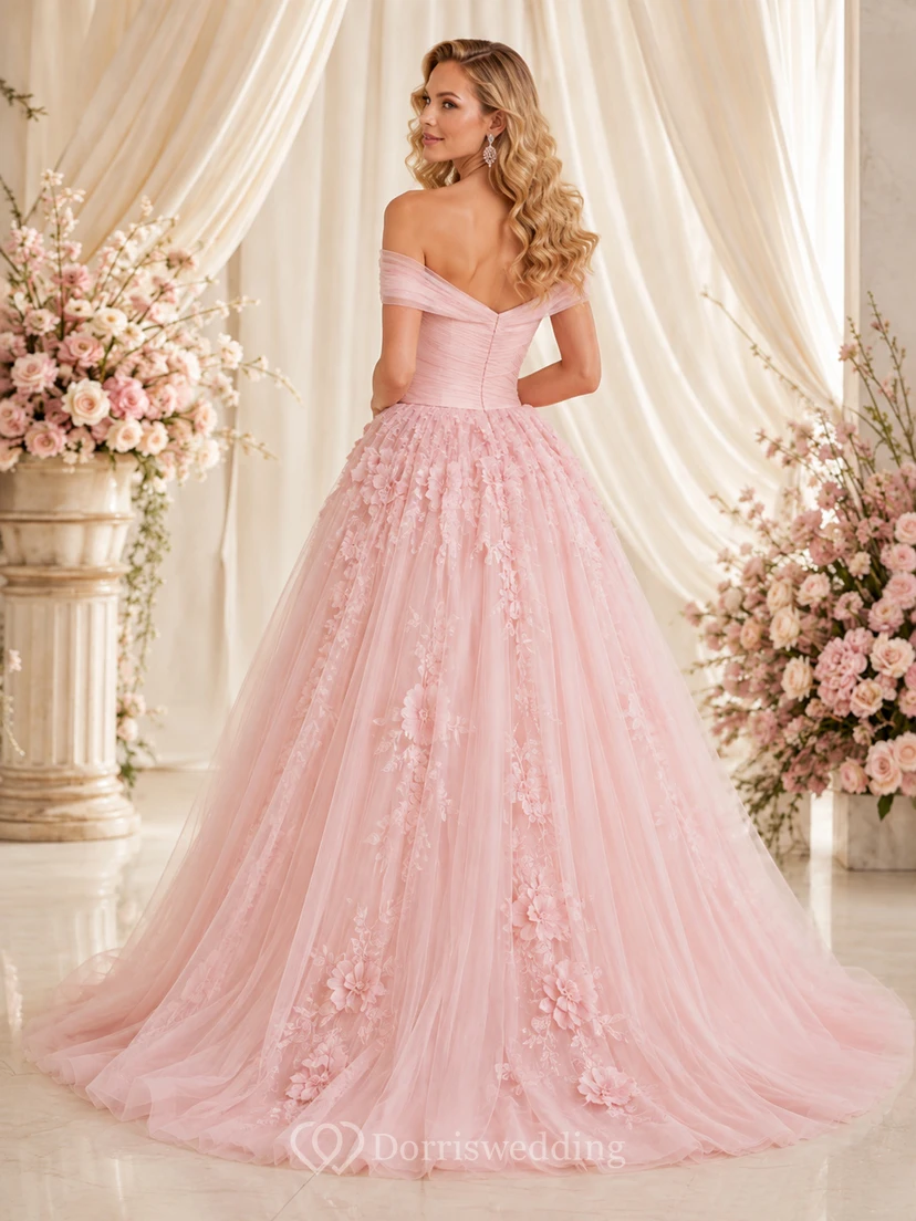 Vestido de princesa rosa ruborizado, escote Bardot, encaje floral, tul, cola larga, romántico, lujoso, para quinceañera view 2
