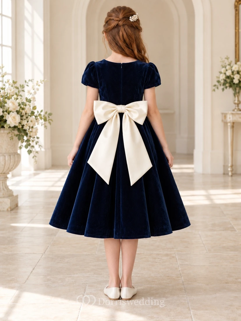 Simple Tea-length Dark Navy Ivory Velvet Satin Bow Puff Sleeve Round Neck Flared Flowergirl Dress view 2