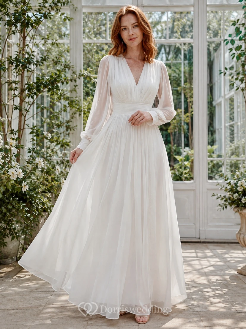 White Chiffon V-Neck Long Sleeve A-Line Floor-length Romantic Dress