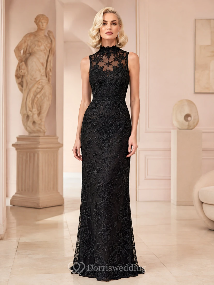 Vestido de noche formal ajustado, largo hasta el suelo, sin mangas, con cuello alto y encaje floral negro