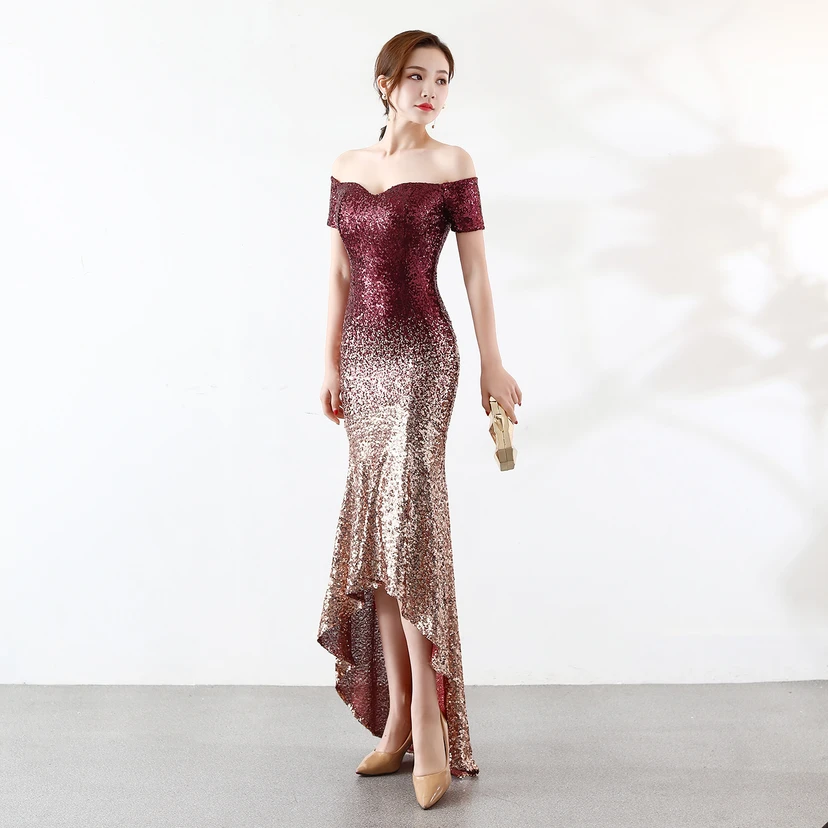 Robe asymétrique à manches courtes, style européen et américain, sequins dégradés, robe de soirée de mariage ou de banquet. view 9