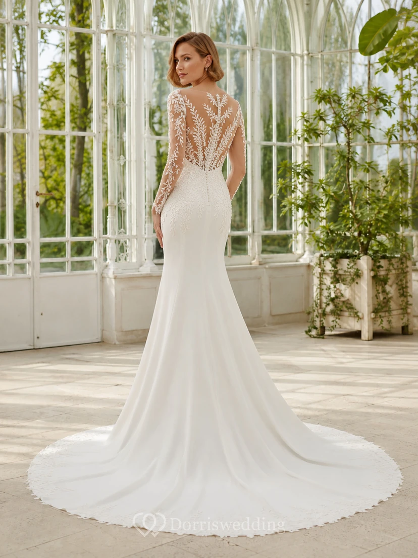 Robe de mariée sirène de luxe en satin fleuri à col en V, manches longues et col en V, avec traîne courte. view 2
