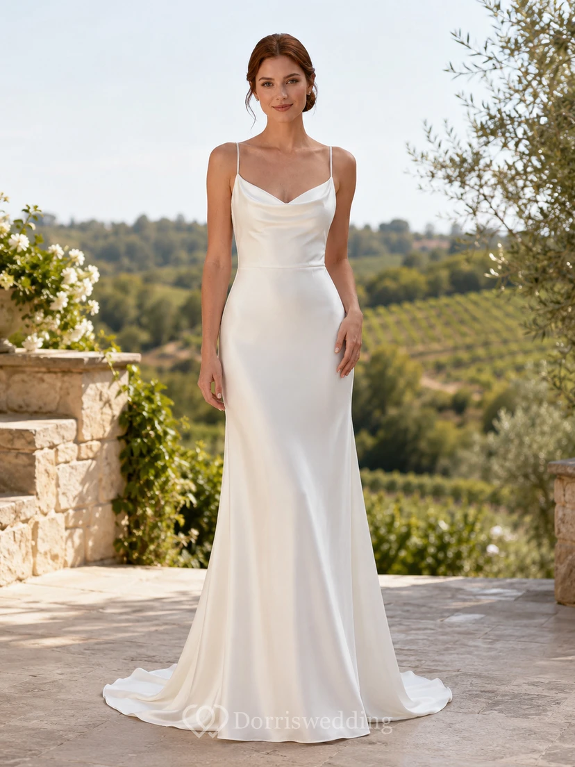 Vestido de novia de tul y encaje playero, corte en A, escote en V, sin mangas, cola larga, espalda baja en V.