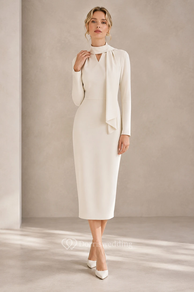 Robe cocktail ivoire en jersey, fourreau, col montant, manches longues drapées, longueur midi