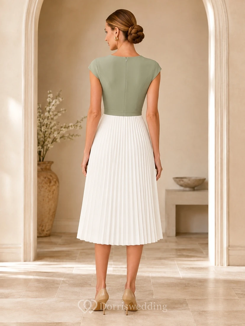 Sage Colorblock Chiffon V-Neck Short-Sleeve A-Line Tea-length Pleated Cocktail-Dress view 2