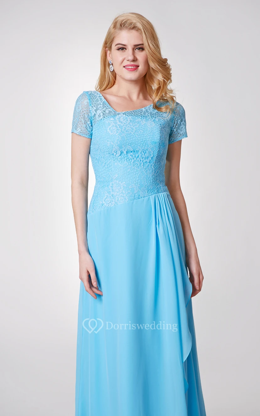 Special Neckline Long Chiffon Dress With Lace Top view 5