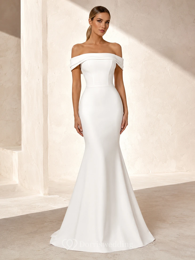 Sexy White Off-Shoulder Stretch Satin Mermaid Formal Prom Dress Red-Carpet