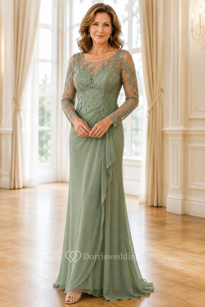 MOB Kleid Salbeigrünes Chiffon-Spitzenkleid, Etuikleid, lange Ärmel, V-Ausschnitt, bodenlang, gerafft