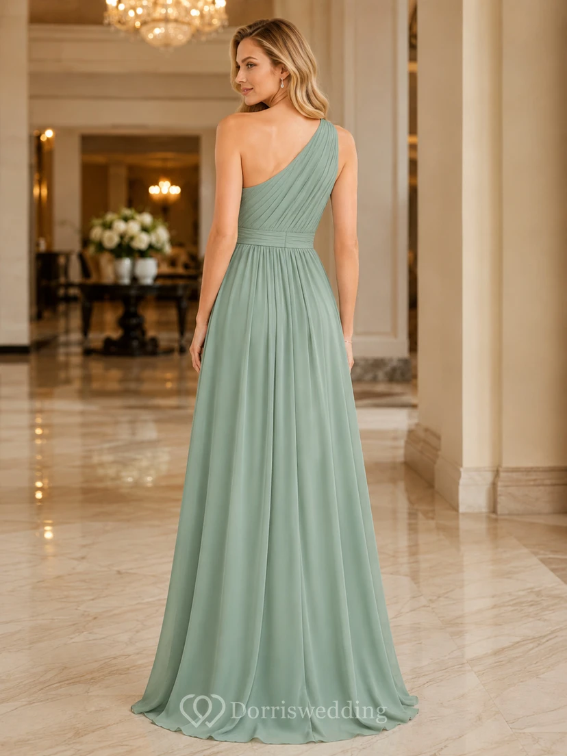 Elegant Indoor Formal Sage Simple A-Line Chiffon Bridesmaid Dress with One-Shoulder Sleeveless Floor-Length Pleated Open Back view 2