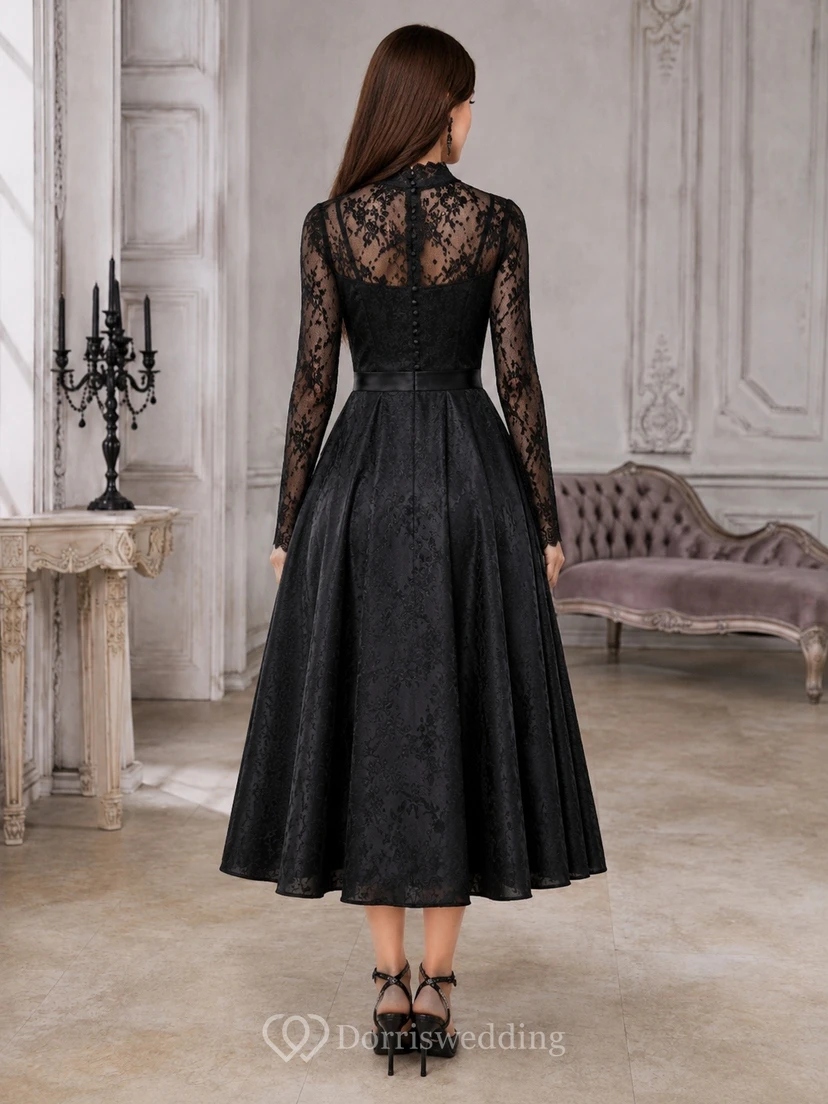 Black High-Neck Long-Sleeve Illusion Lace A-Line Tea-Length Gothic Dress view 2