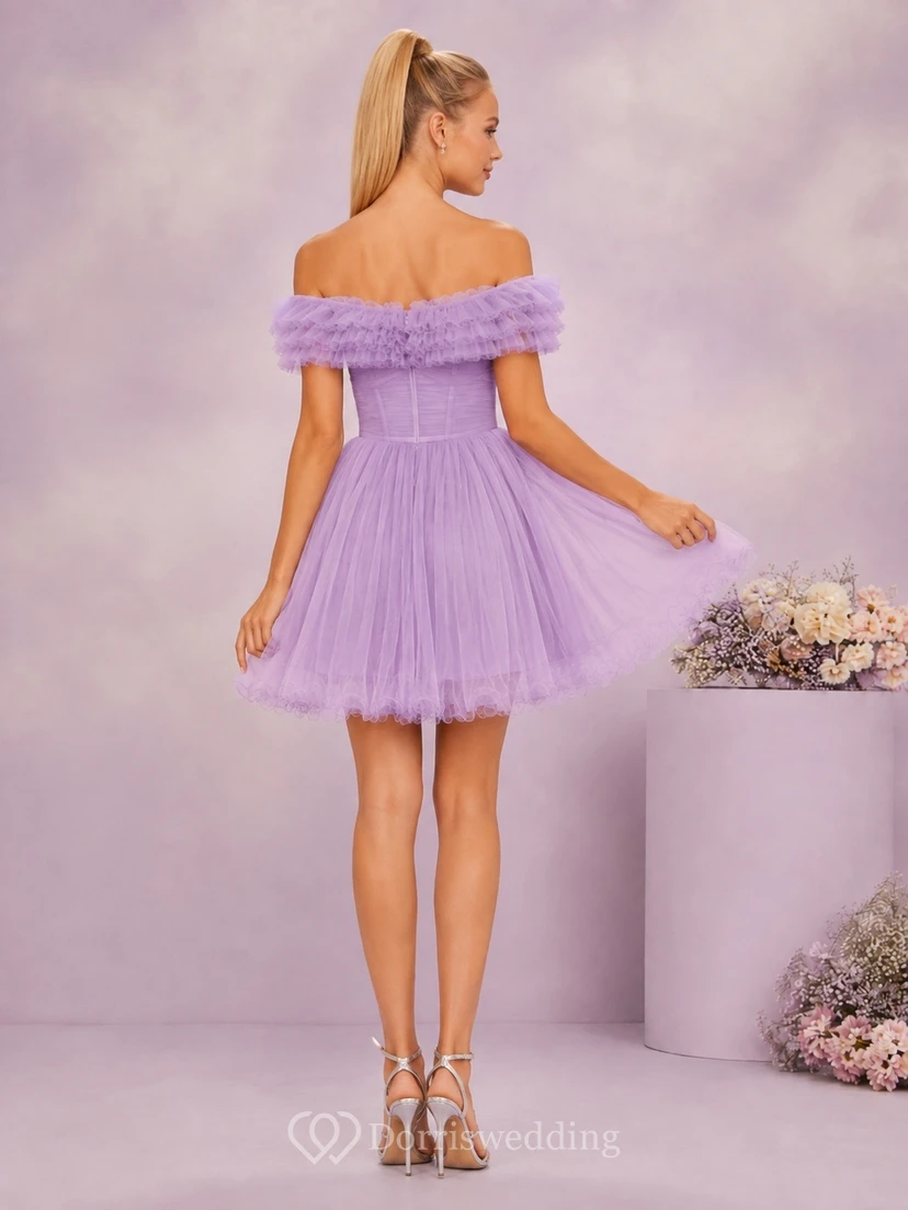 Robe de cocktail élégante courte/mini en tulle lavande, coupe babydoll, style trapèze, idéale pour les fêtes de fin d'année. view 2