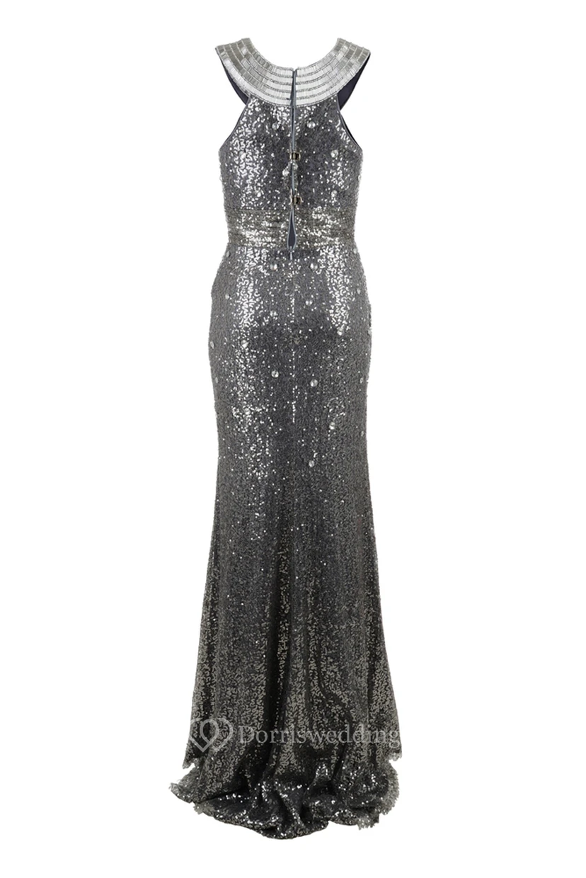 Sheath Scoop-Neck Floor-Length Sleeveless Sequins Prom Dress view 3
