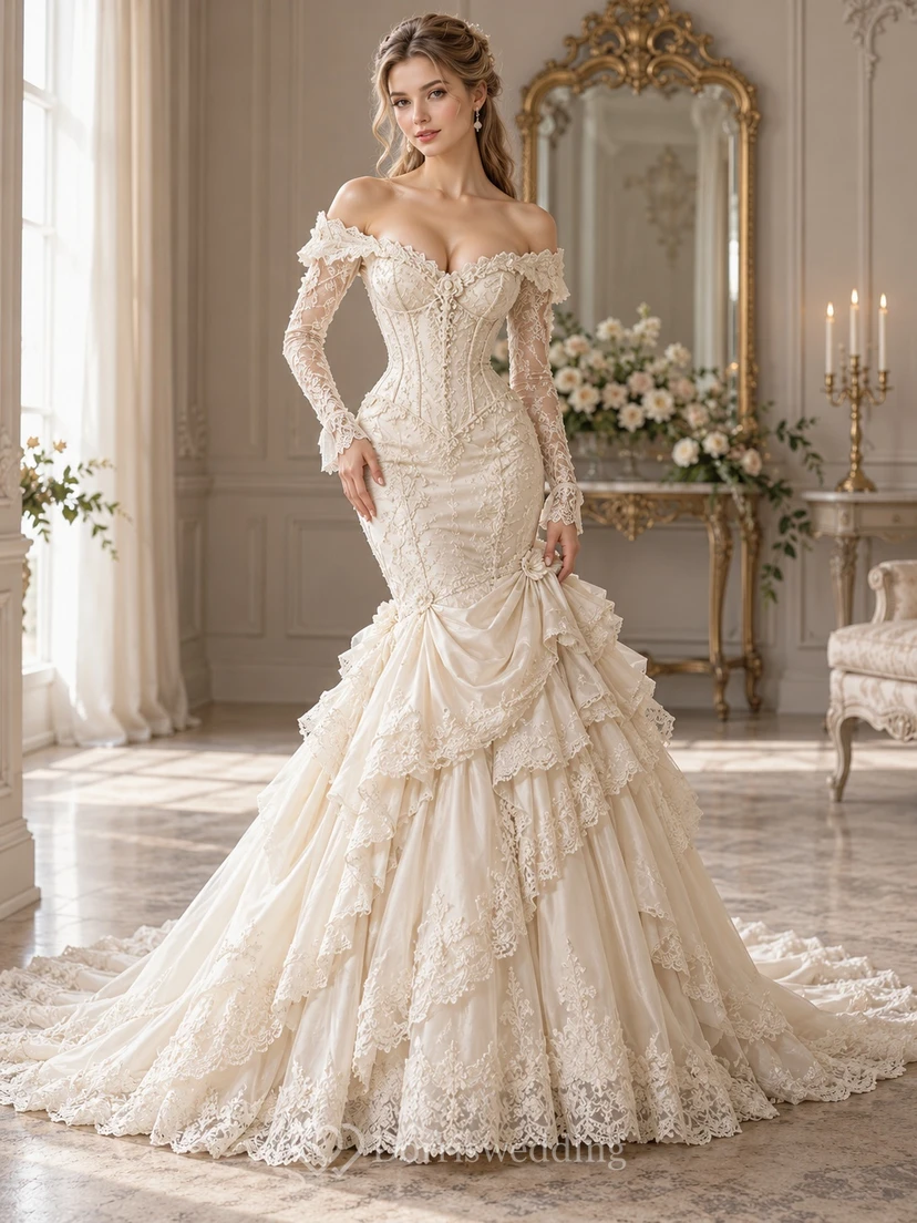 Victorian Mermaid Off Shoulder Long Sleeve Ruffled Lace Wedding Dress