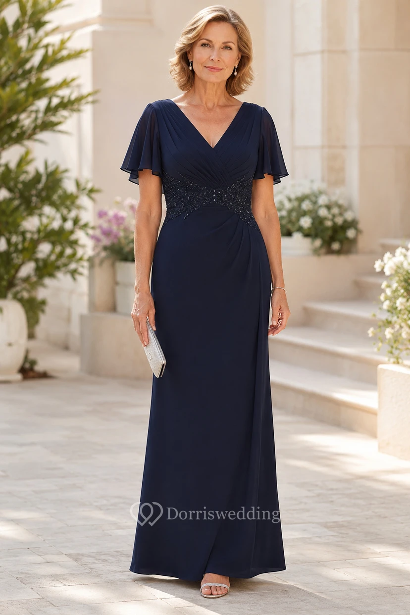 Dark Navy V-Neck Chiffon Mother Dress with Flutter Sleeves
