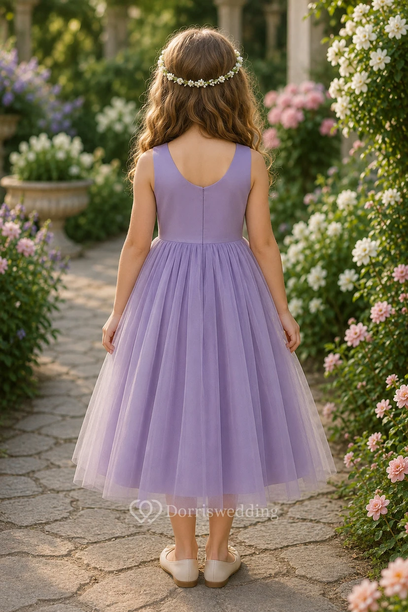 Purple Scoop-neck Sleeveless Satin A-line Tulle Flowergirl Dress view 2