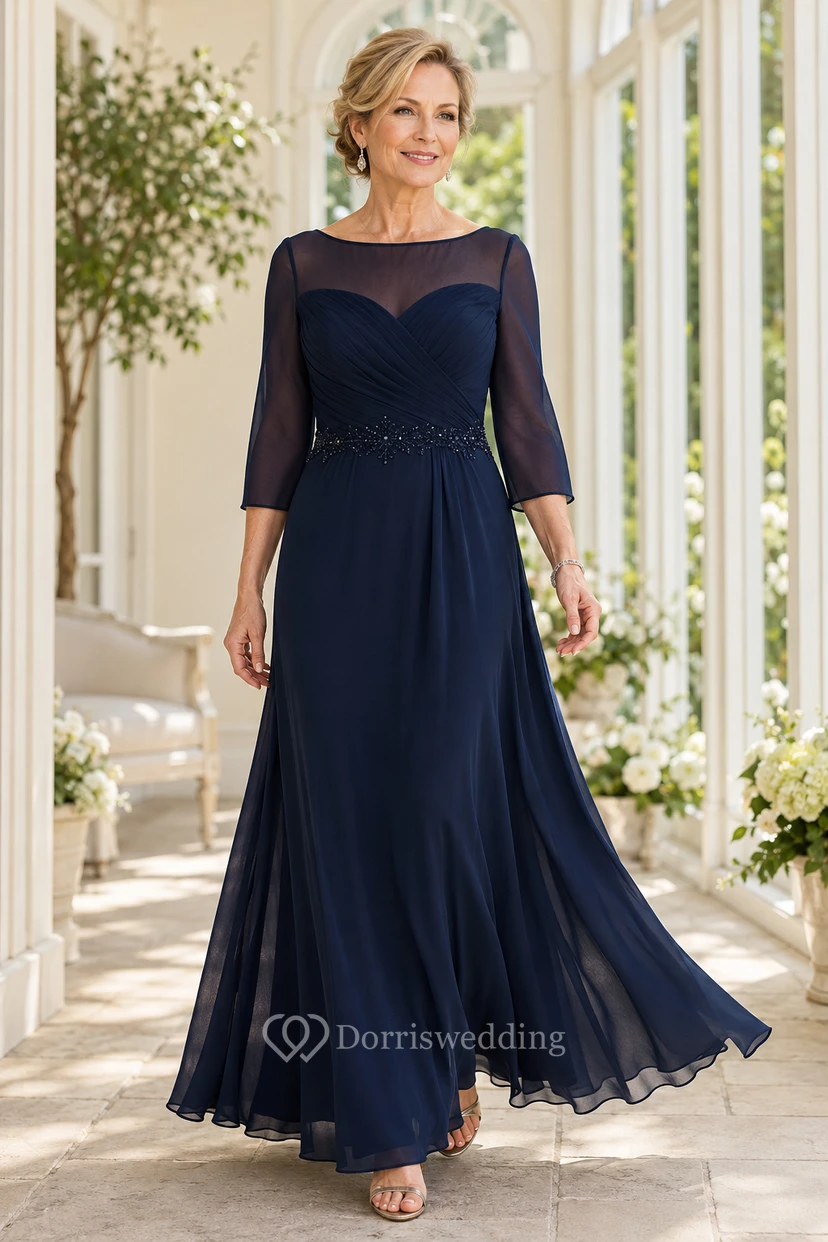 Dunkelblaues, transparentes Chiffon-Kleid in A-Linie mit U-Boot-Ausschnitt und Dreiviertelärmeln