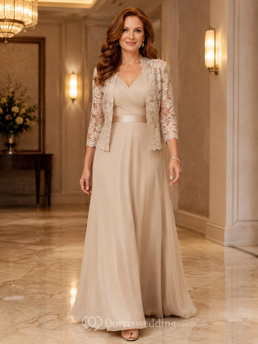 Elegantes champagnerfarbenes Spitzenjäckchen, bodenlanges Chiffon-Kleid in A-Linie mit V-Ausschnitt