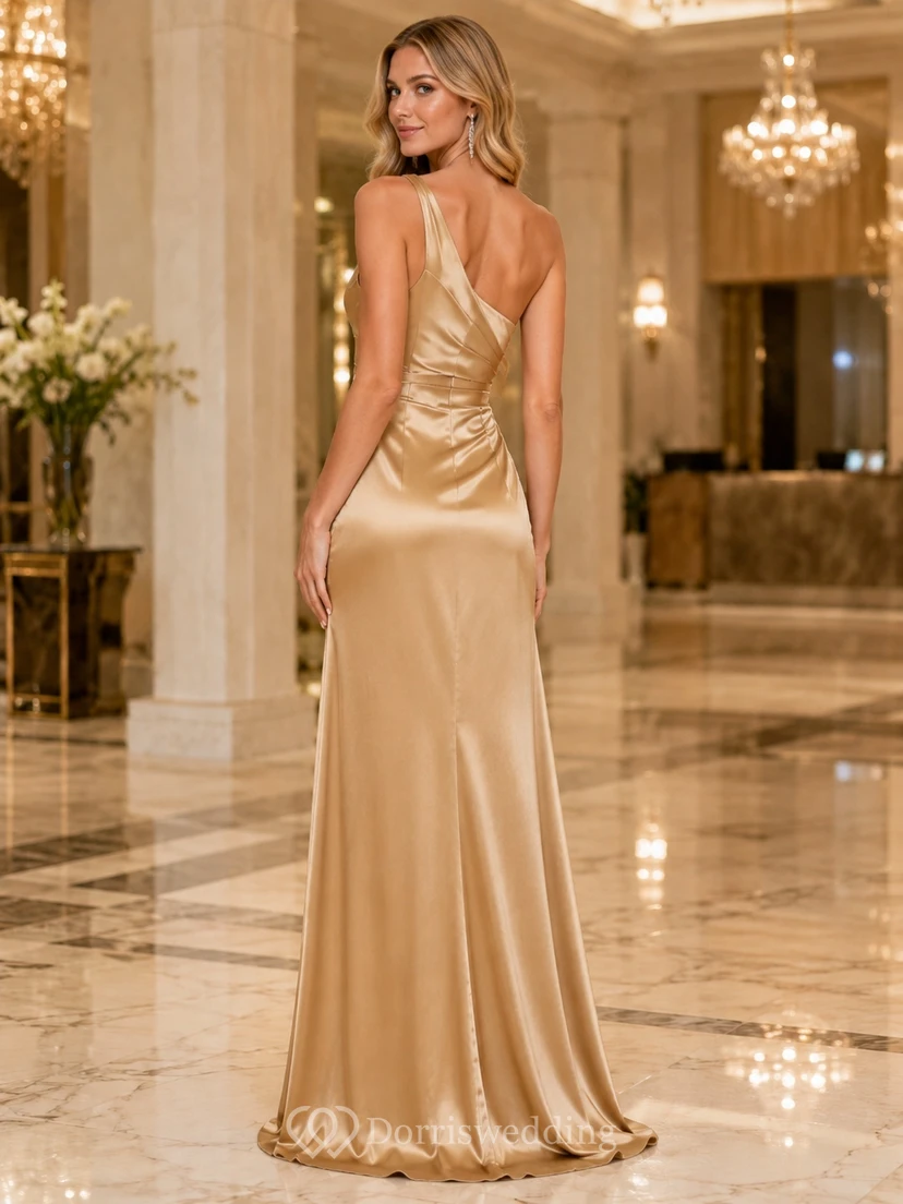 Champagne Satin One Shoulder Mermaid Sweep Train Luxury Formal Evening Dress view 2