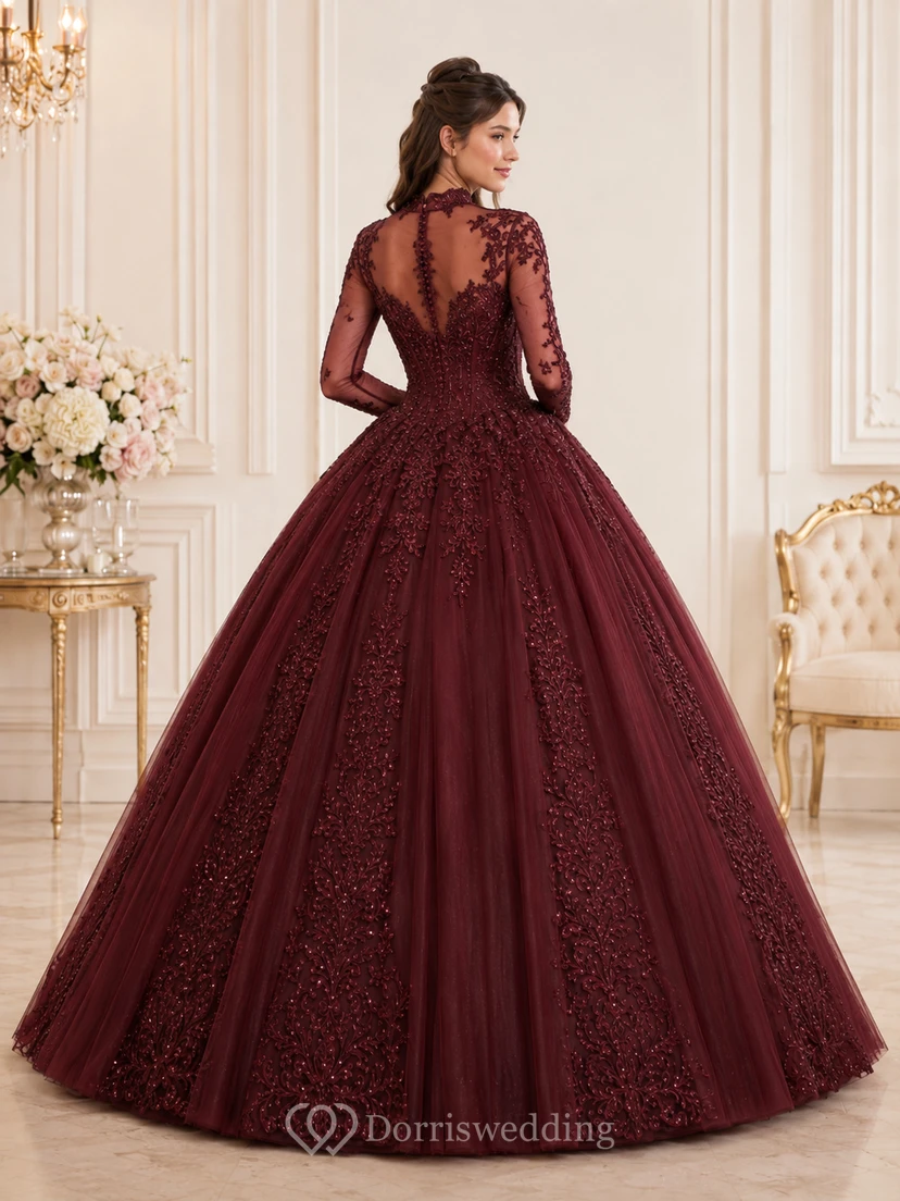 Robe de bal de princesse bordeaux, modeste, à col montant et manches illusion, en dentelle, pour quinceañera view 2
