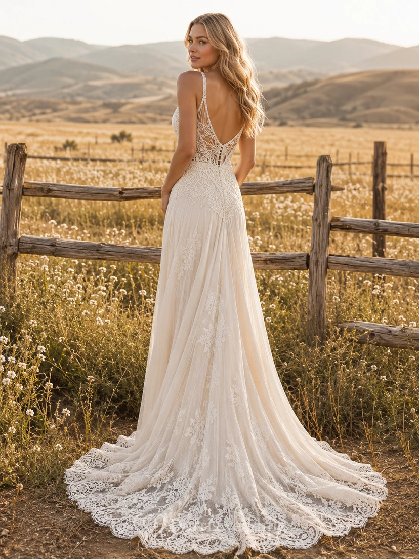 Vestido de novia de tul y encaje campestre, corte en A, tirantes finos, cola capilla, espalda baja en V. view 2
