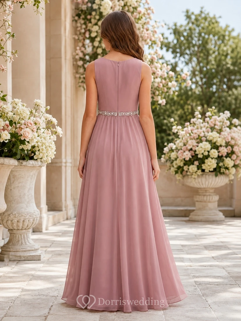 Vestido de dama de honor juvenil color rosa empolvado, corte en A, escote redondo, sin mangas, de gasa, con detalles de cristal, elegante. view 2