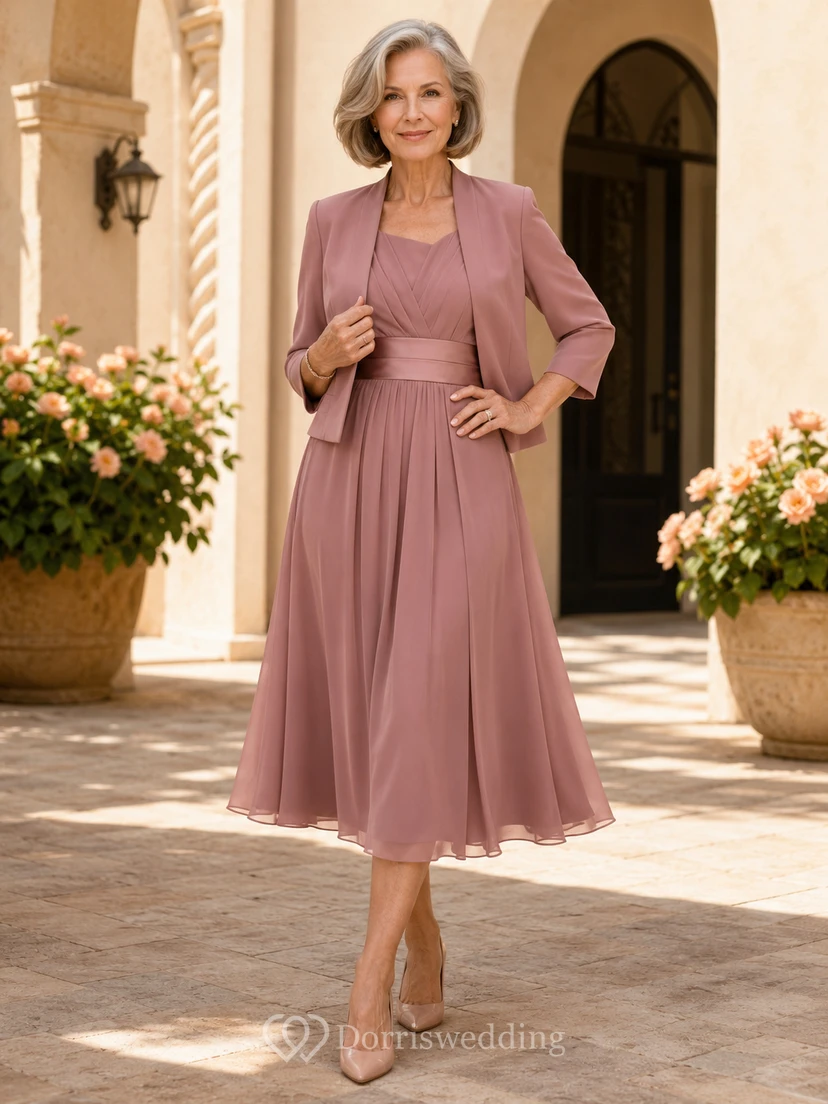 Altrosafarbenes, schlichtes, dreiviertellanges Chiffon-Kleid in A-Linien-Form mit Rundhalsausschnitt – perfekt für die Großmutter der Braut