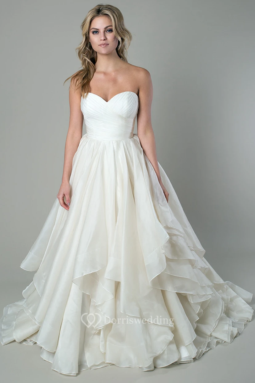 A-Line Draped Floor-Length Sweetheart Organza Wedding Dress With Criss Cross And V Back